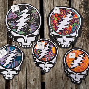 May include: Five fabric patches featuring a white lightning bolt centered within a skull outline. Patch A has a floral pattern, B has a dark leaf print, C has a small floral design, D has blue and purple stripes, and E has an orange swirl pattern.