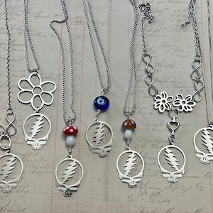 Steal Your Face stainless steel chain necklace with flower peace sign Grateful jewelry Hippie pewter necklace