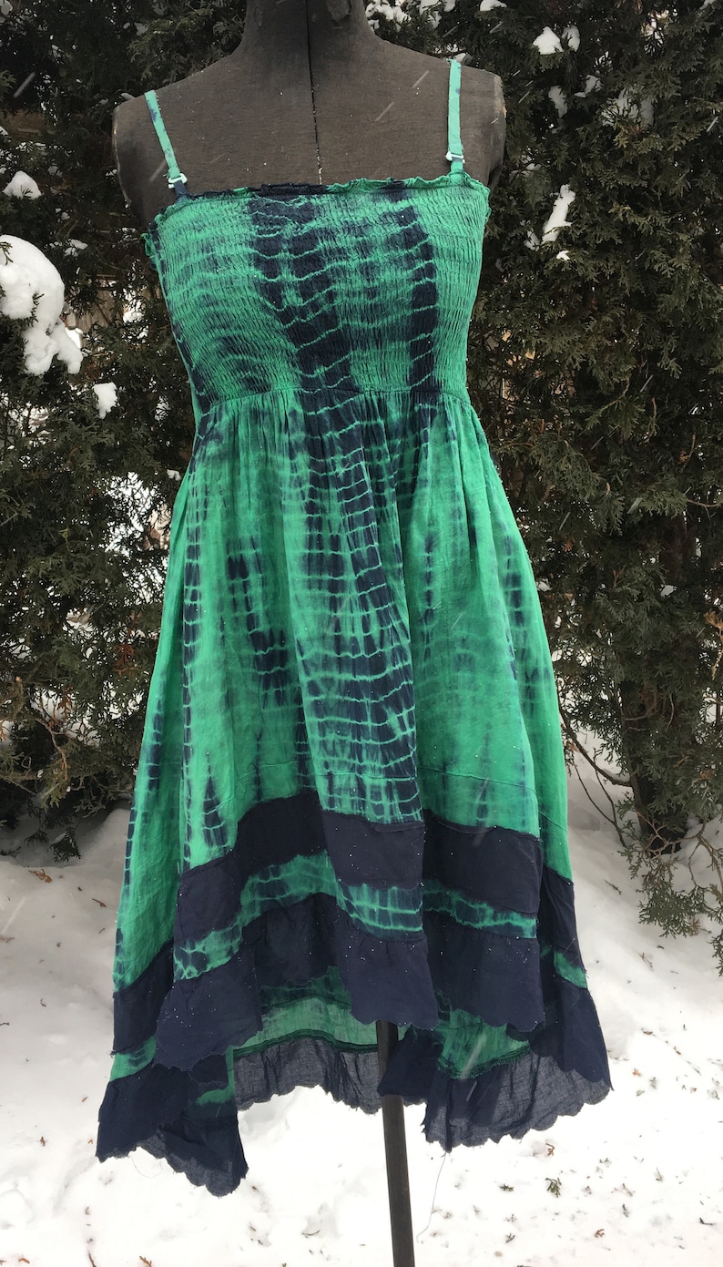 Small green and blue tube top tie dye hippie boho short dress