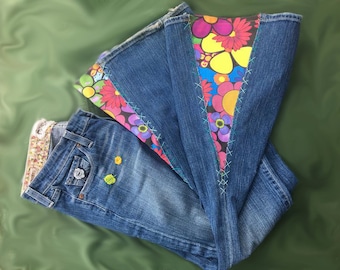 Send me your jeans!  Custom OOAK flower bell bottom flares hippie embroidered jeans made just for you