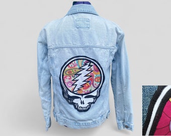 Women's Small distressed Steal Your Face jean jacket, stealie jean jacket, grateful jean jacket,  OOAK hippie jean jacket, OOAK clothing ee