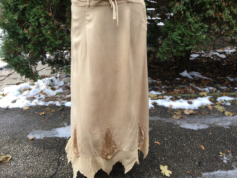 Small Medium beige tan India rayon jagged hem hippie skirt boho