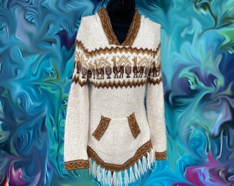 Medium alpaca llama print brown and cream fringed pullover hoodie 0224069985