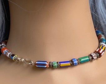 15" African trade bead choker Thai silver spacers and hook clasp  08221500