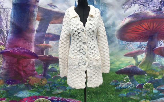 Small white long crochet long cardigan rhinestone