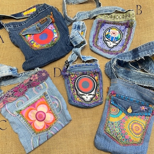 2-sided Steal Your Face blue jeans pocket purse, small denim pocket purse, hippie shoulder bag boho OOAK hand made repurposed jeans upcycled