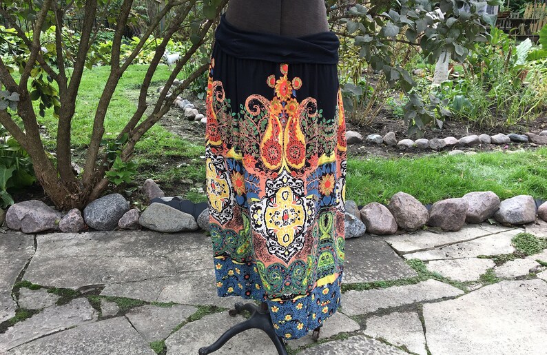 Large Angie fold over hippie boho rayon India print skirt