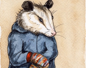 The Shy Possum -watercolor  Print