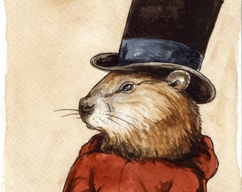 The Confident Groundhog -watercolor  Print