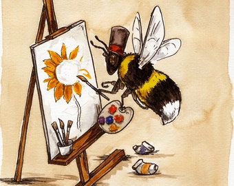 Bumble Bee Paints Happy Little Flowers  (an original hand painted little one))