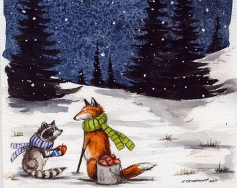 Fox Brings Raccoon a Gift   -  Signed Print ~ Little Red Fox Series  -