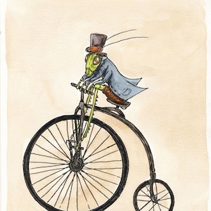 A dapper Grasshopper Takes a Ride  (an original hand painted little one))
