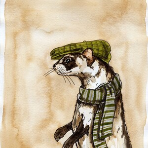 May include: A watercolor painting of a ferret wearing a green newsboy cap and a striped scarf. The ferret is standing on its hind legs and looking to the left. The background is a light brown.