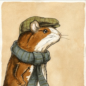 Könnte beinhalten: Ein braunes und weißes Hamster, das eine grüne karierte Flatcap und einen blau-grünen gestreiften Schal trägt.