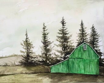 The Green Barn - watercolor PRINT