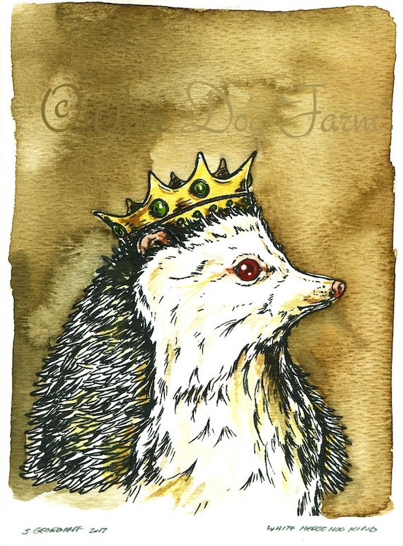 White Hedge Hog King  ~~  Original painted watercolor Sepia Print