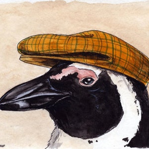 May include: A watercolor painting of a penguin wearing a brown and yellow plaid newsboy cap. The penguin has a black and white body and a black beak.