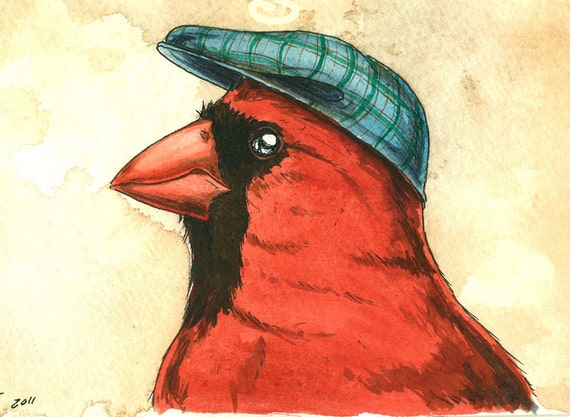 a Dapper  Cardinal in a Hat  - 5x7 print