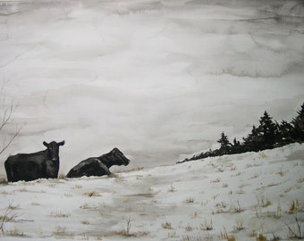 Snow Cows - watercolor PRINT