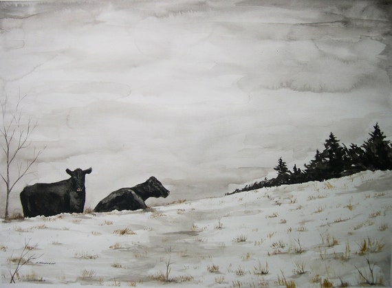 Snow Cows - watercolor PRINT