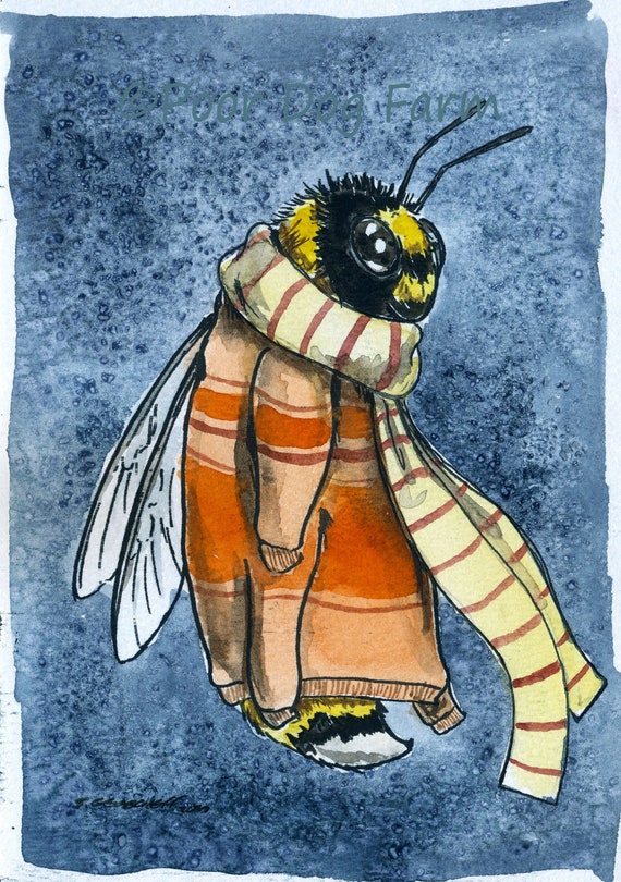 Orange is Your Color ~ Winter Bees- ~ signed watercolor print