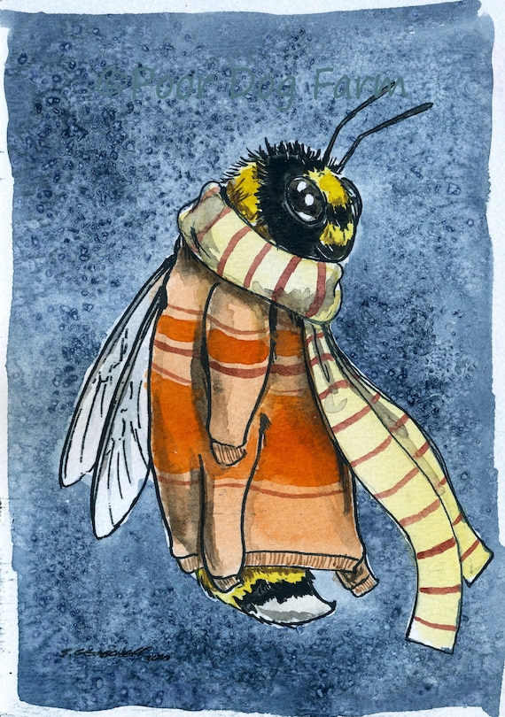 Orange is Your Color ~ Winter Bees- ~ signed watercolor print