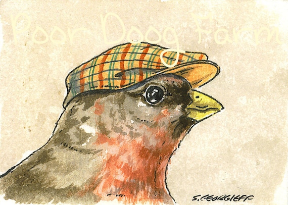 ACEO signed PRINT -Little Redpoll with hat -