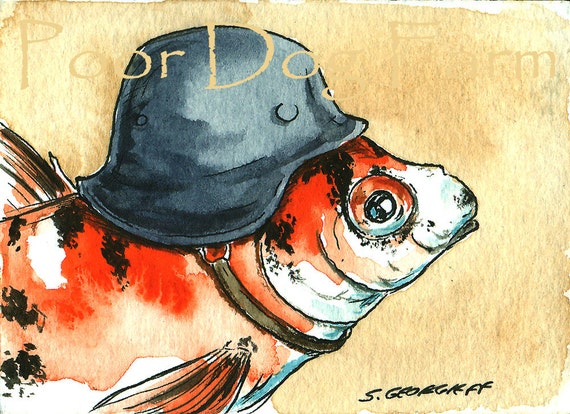 Goldfish in a Helmet ~ watercolor print