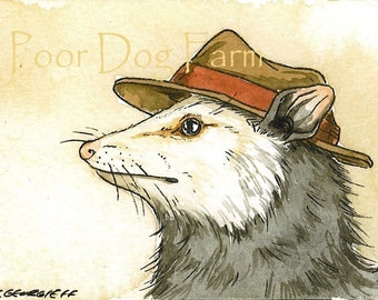 Possum in a hat -- signed watercolor print