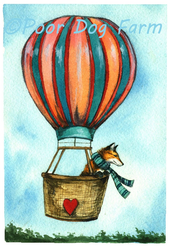 Red Fox in a Balloon - Watercolor PRINT