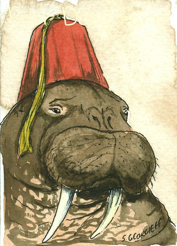 Walrus in a Fez ~ signed watercolor print