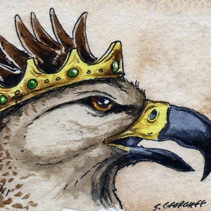 May include: A watercolour painting of a crowned eagle with a gold crown and green gems. The eagle's head is turned to the side, and its beak is open slightly. The background is a light brown.