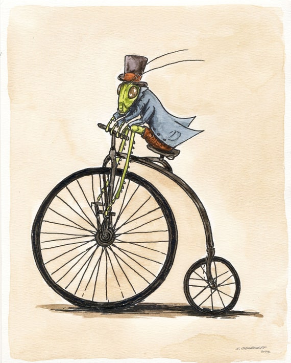A dapper Grasshopper Takes a Ride  (an original hand painted little one))