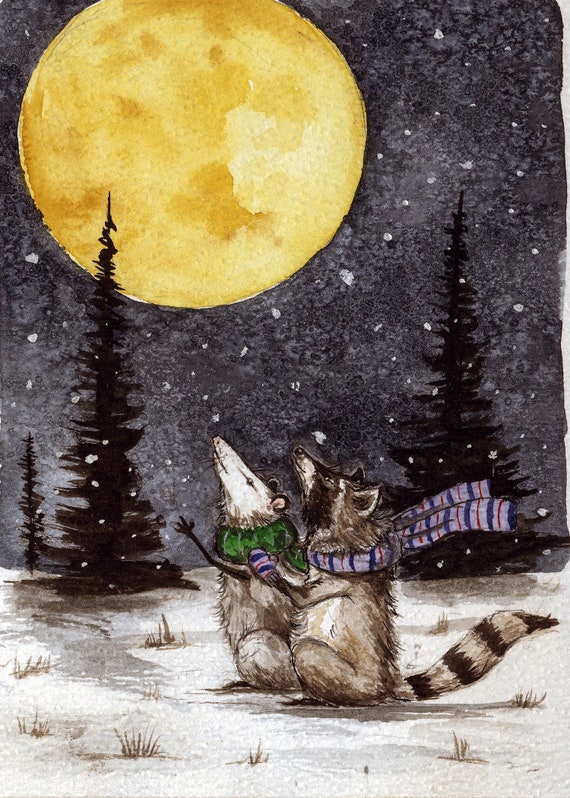 Raccoon and Possum Watching the Snow -  Signed Print ~
