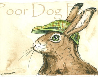 Brown  Hare in a Hat -  watercolor  print