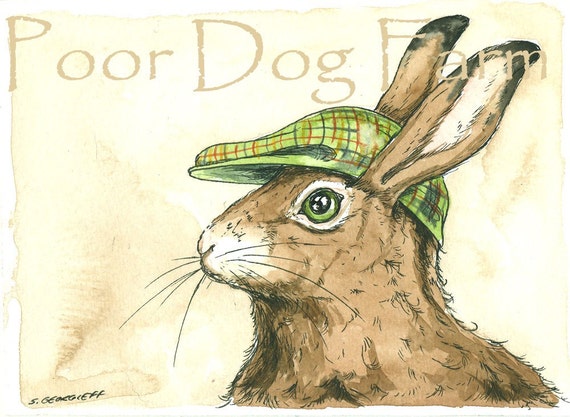 Brown  Hare in a Hat -  watercolor  print