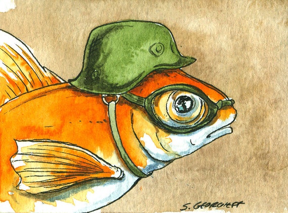 Goggles Goldfish in a Helmet  ~ watercolor print