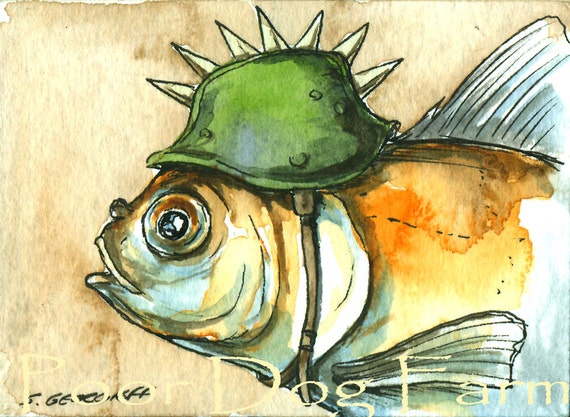 Goldfish in a  Spike Helmet  ~ watercolor print