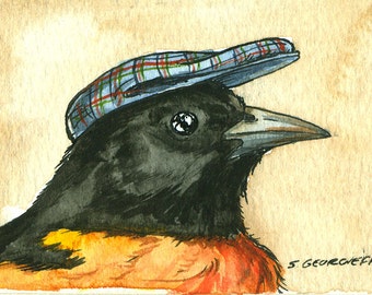 Baltimore Oriole in a Hat ~ signed watercolor print
