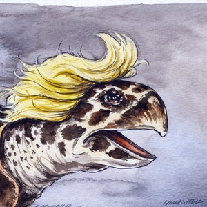 May include: A watercolor painting of a Hawksbill Sea Turtle with a yellow and blonde wig. The turtle is facing right and has its mouth open. The background is a light gray watercolor wash.