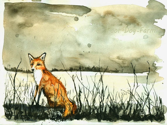 Fox and Winter Raspberries - Watercolor print