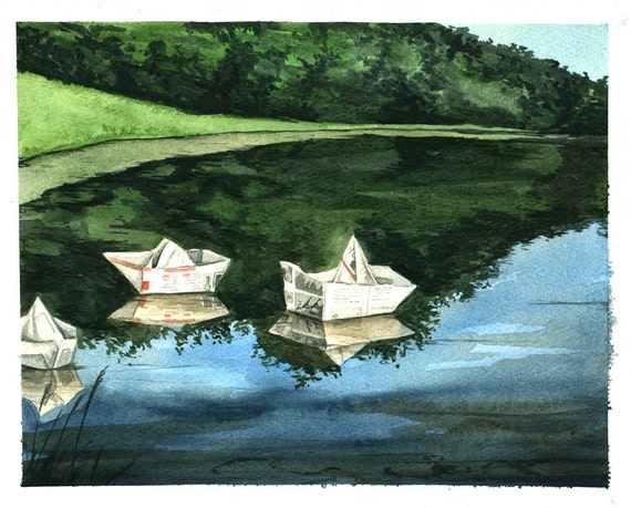 Newspaper Boats-- 8 x 10 Watercolor Print