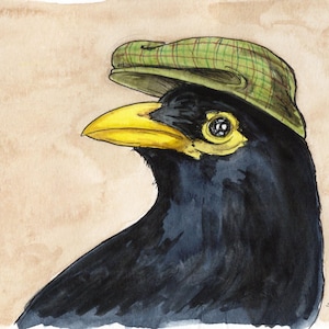 May include: A watercolor illustration of a black bird with a bright yellow beak and eye patch, wearing a green and brown plaid flat cap. The bird is shown in profile against a light tan background, with the artist's signature in the bottom corner.