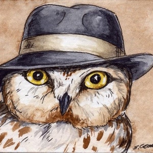 May include: A watercolor painting of an owl wearing a fedora hat. The owl has brown and white feathers and yellow eyes. The hat is black with a tan band.
