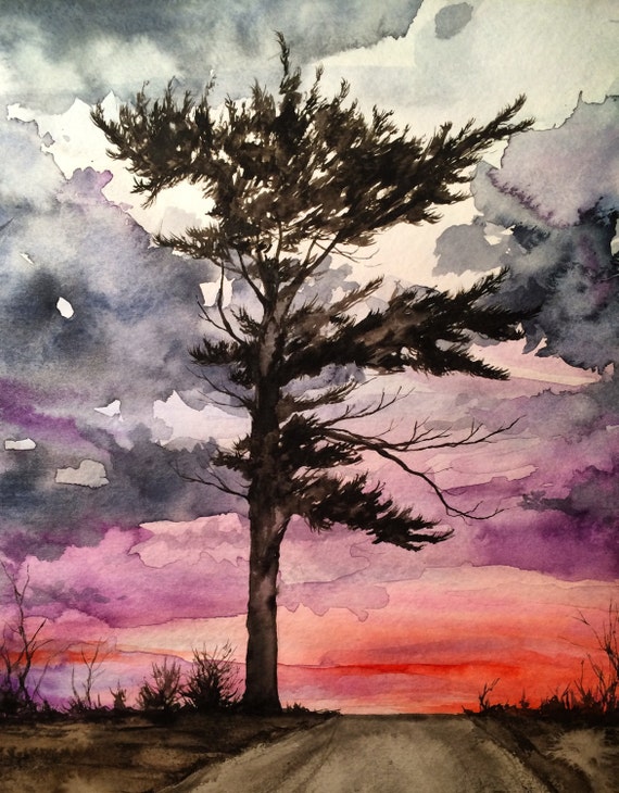 Sunset and the Dancing Tree - Watercolor PRINT