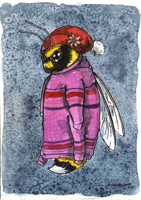 Mom (the queen) Bought Me This Hat  ~ Winter Bees- ~ signed watercolor print