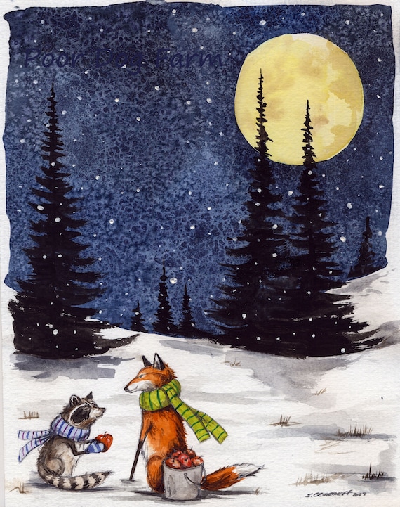 Fox Brings Raccoon a Gift   -  Signed Print ~ Little Red Fox Series  -