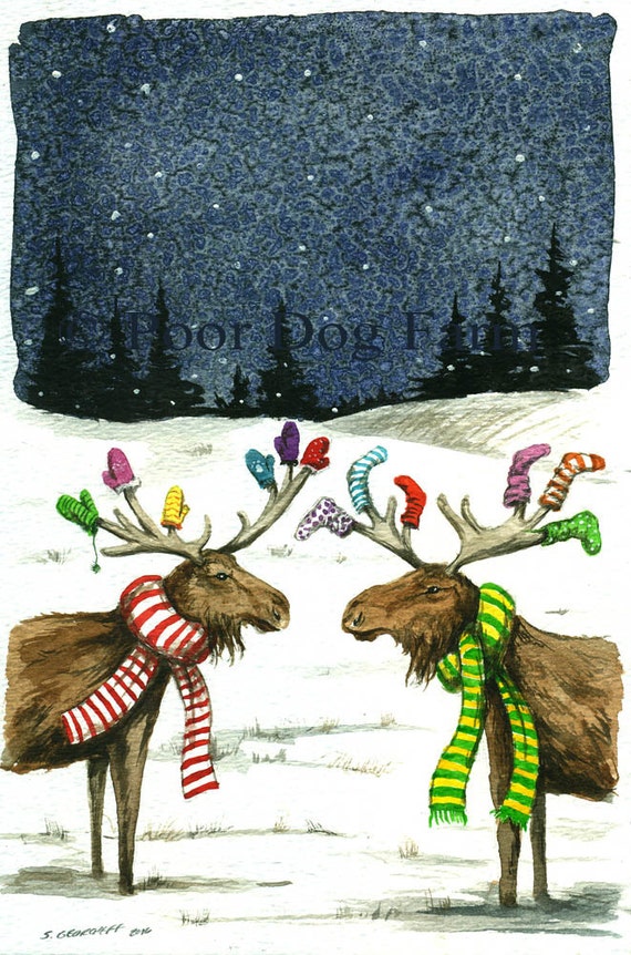 Mitten Moose Meets Sock Moose - signed 8 x 10 watercolor print