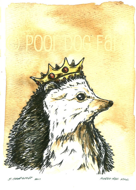Hedge Hog King  ~~  Original painted watercolor Sepia Print