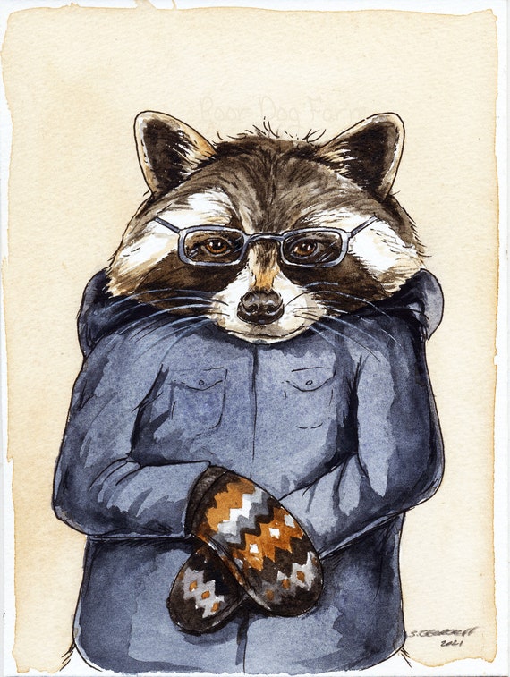 A Handsome Bernie Raccoon -watercolor  Print